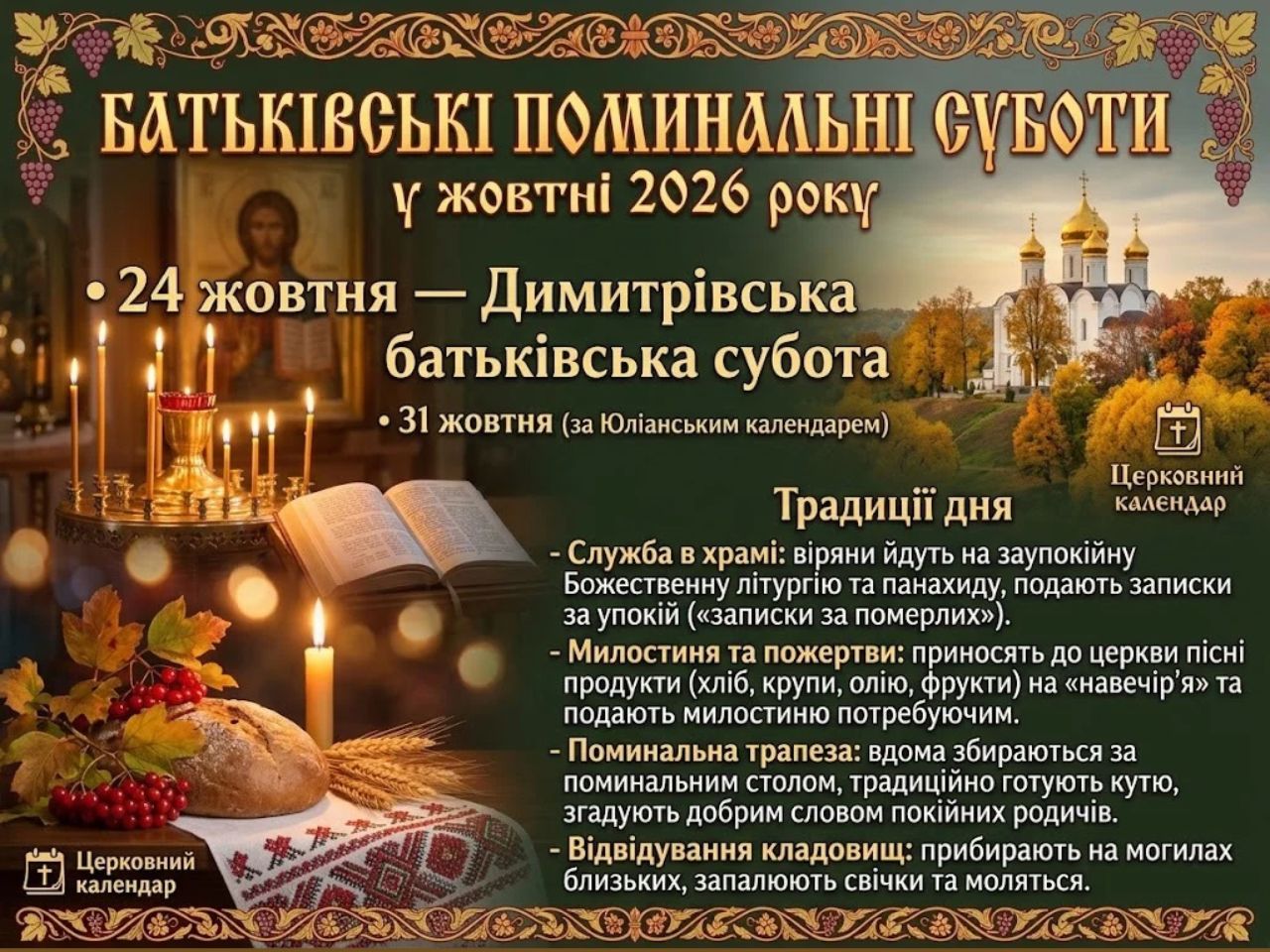 Батьківські поминальні суботи в жовтні 2026 року: дати, традиції та церковний календар